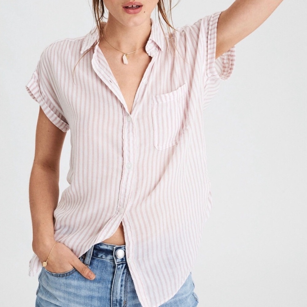 NWT American Eagle Short Sleeve Striped Button-Up